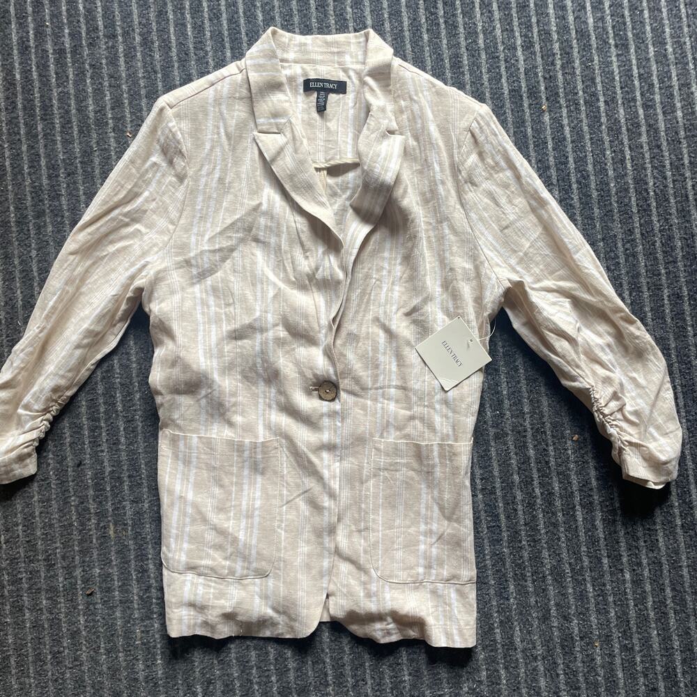 Ellen Tracy Linen Tan and White Striped Blazer Size L NWT Linen Blend - Picture 6 of 8
